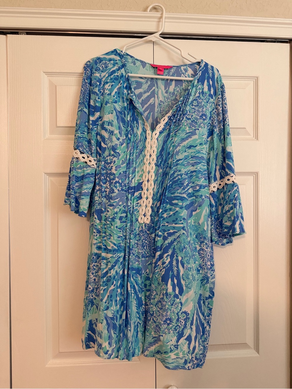 Lilly Pulitzer Blue & Aqua Printed Mini Dress with Cream Crochet Trim